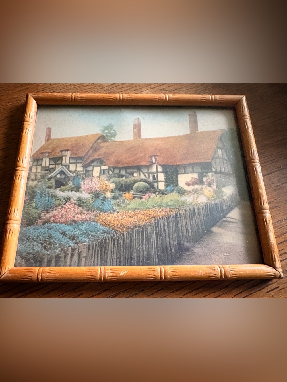 Vintage Framed Cottage Garden Print in bamboo style wooden frame